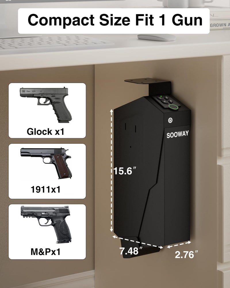 SOOWAY Gun Safe, Mounted Biometric Pistol Safe Drop Down Gun Lock Box for Handgun with 3 Ways Quick Access Bedside Pistol Case for Nightstand, Desk, Wall, Dresser - Image 5